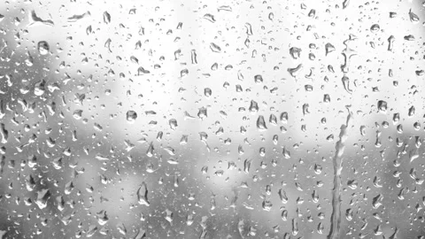Rain drops running down the window glass. Black and white Stock Footage 166145712