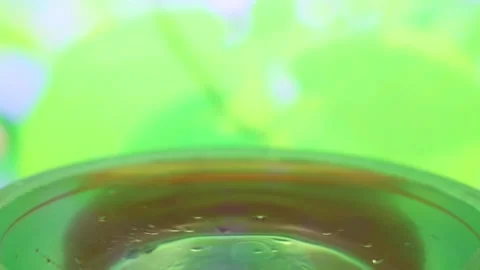 Rain drops in a water pond, creating ripples on surface. blurred green nature Stock Footage 146511817