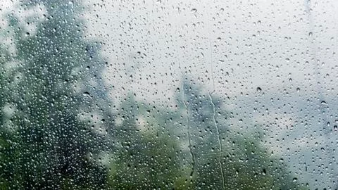 Rain drops on window with green tree in background Stock Photos