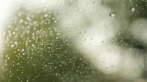 Rain drops on the window on rainy day. Green blurry background. Car window Stock Footage 73781943