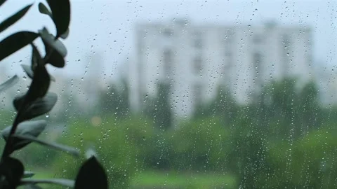 Rain drops on window surface. Wet droplets falling on the glass. View from the Stock Footage 251738601