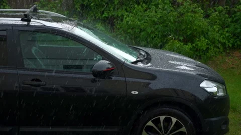 Rain Fall on Black SUV Car on Backyard Green Lawn Grass. Overcast Day. Slow Stock Footage 156573986