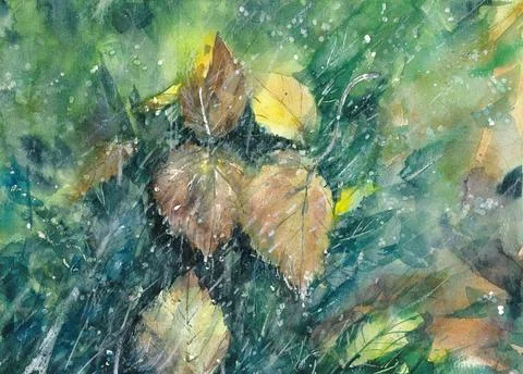 Rain Fall Leaves Nature Hand drawn Watercolor Painting Stock Illustration