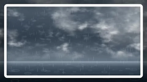Rain Falling on Calm Water Surface Under Dark Cloudy Sky Stock Footage 345120886