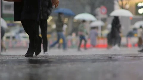 Rain falling in the city, raining in the city and people Видео 161873644