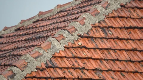 Rain falling down on old red rooftop of a house in autumn Stock Footage 103283644