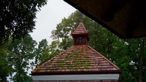 Rain falling down in park with old building on background Stock Footage 161087695