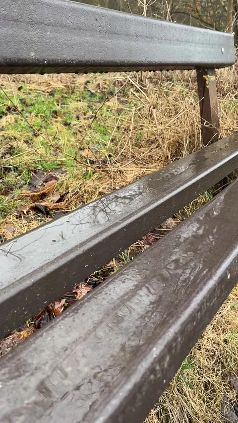 Rain falling on empty wooden bench Stock Footage 305116793