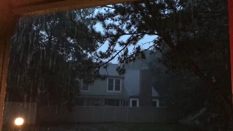 Rain Falling at the Front Door, Looking Across at Neighbors Stock Footage 78881466