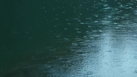 Rain falling on lake water surface creating ripples during rainy weather Stock Footage 330769171