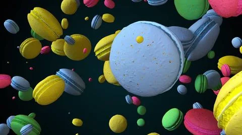 Rain of falling macaroons Round pastry desserts with 3d render cream are s... Stock Photos