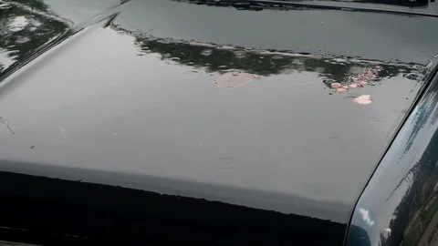 Rain falling on old blue truck hood Stock Footage 93949176