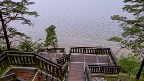 Rain falling over wooden staircase connecting forest with Baltic Sea beach Stock Footage 341519945