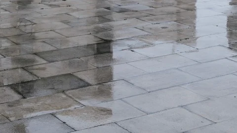 Rain falling on paved ground in street on a rainy autumn day. Slow motion. Stock Footage 116387091
