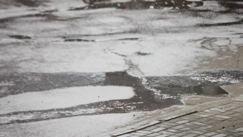 Rain falling on pavement at walking people and driving cars Stock Footage 112599824
