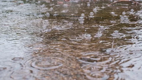 Rain Falling in Puddle on Flooded Street Video Stock Footage 343892653