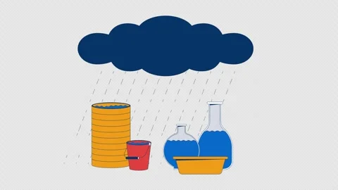 Rain falling from rainy cloud into various containers cartoon animation Stock Footage 300588849
