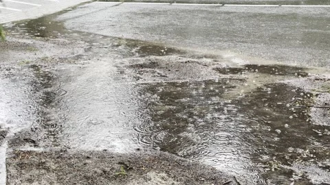 Rain falling on road creating difficulties for traffic passing by Stock Footage 273915882