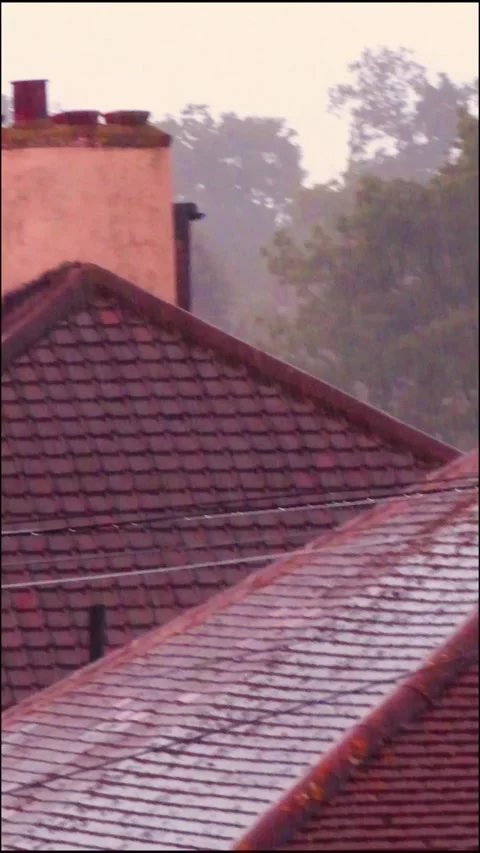 Rain Falling on Rooftops During Storm - Vertical 4K 스톡 동영상 336340142