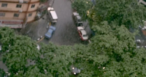 Rain falling from the sky overlooking trees and a city street during the day Stock Footage 87784505