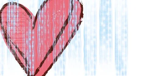 Rain falling from the sky on a red heart,program coding and technology concept 스톡 사진