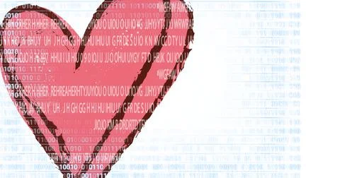 Rain falling from the sky on a red heart,program coding and technology concept 스톡 사진