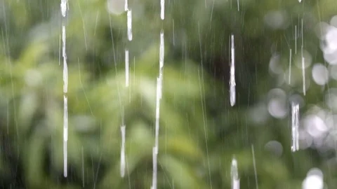 Rain falling strongly with focus on a rain drop with blur green background. Stock Footage 78249553