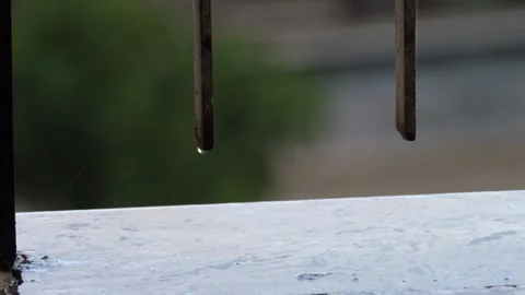Rain Falling on Terrace Railing Stock Footage 289000544