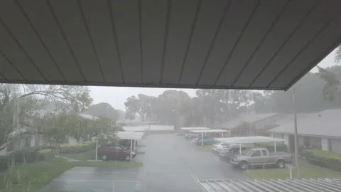 Rain falling view from over balcony edge. Green plants and water. From stairwell Stock Footage 241631165