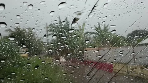 Rain is falling with views of wild gardens in a village Stock Footage 233679755