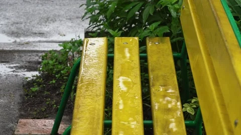 Rain is falling on wooden bench Stock Footage 159442446