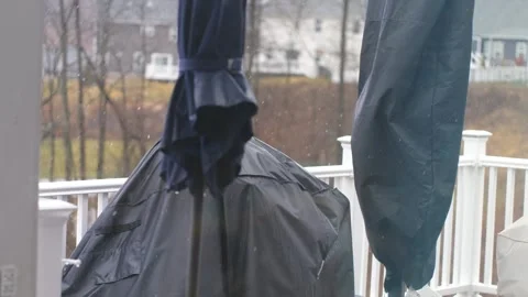 Rain falls gently in suburban backyard, creating a serene atmosphere Video stock 302117868