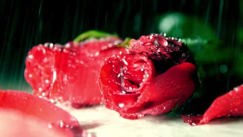 Rain falls on red roses with many water droplets Stock Footage 332276337