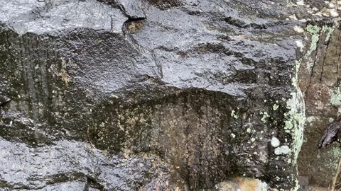 As rain falls, a stone gets moist, and rainwater trickles down Stock Footage 250373320