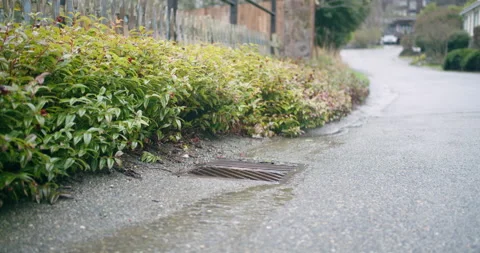 Rain flows to gutter in neighborhood Stock Footage 176018775