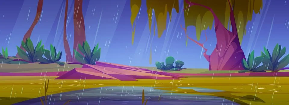 Rain in forest pond cartoon vector park landscape Ilustración de archivo