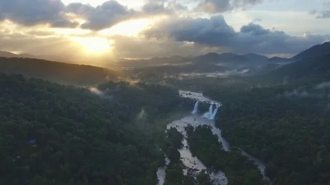 Rain forest waterfall Aerial View Stock Footage