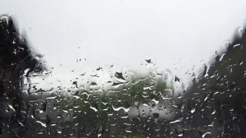 Rain on glass of window with green trees outside. Close up Stock Footage 130223815