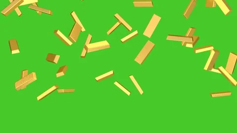 Rain of gold bars on green screen.  3D animation. Stock Footage 280118742
