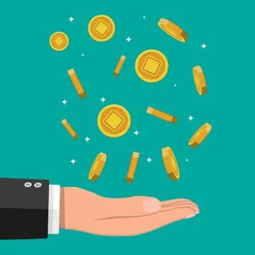 Rain of golden coin with computer chip and hand 스톡 일러스트
