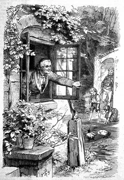 Rain the grandfather closes the window while the children have fun in the rain Illustrazione stock