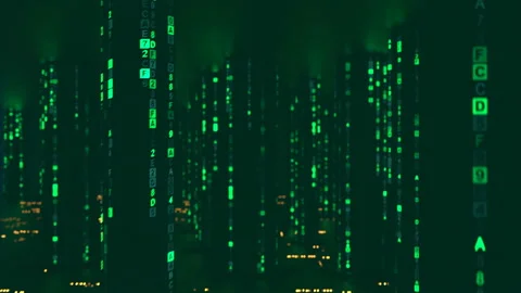 Rain of green computer code in cyberspace seamless loop 3D render animation Stock Footage 107100131