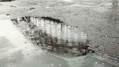 Rain hitting puddle with reflection of Tyne Bridge Stock Footage 82528950
