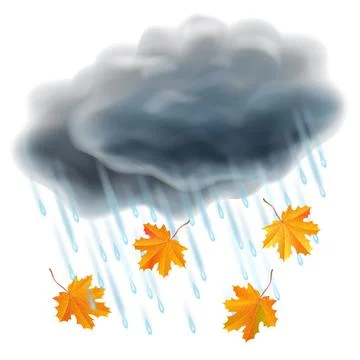 Rain illustration. Realistic gray clouds, raindrops and falling orange leaves Stock Illustration