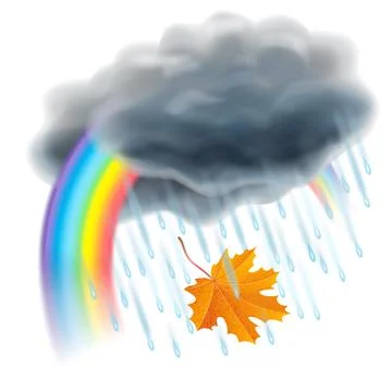 Rain illustration. Realistic gray clouds, raindrops, rainbow and falling leaf Stock Illustration