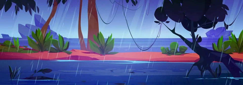 Rain in jungle forest with river vector landscape Stock Illustration