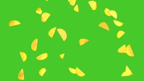 Rain of lemon pieces on a green background. Fresh fruits. Stock Footage 309321133
