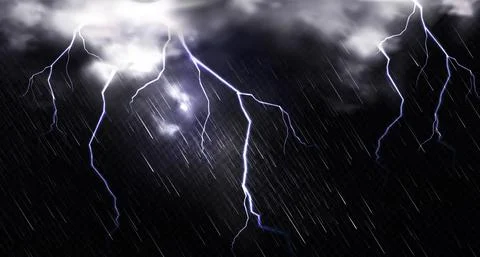 Rain with lightning and clouds in sky at night Stock Illustration