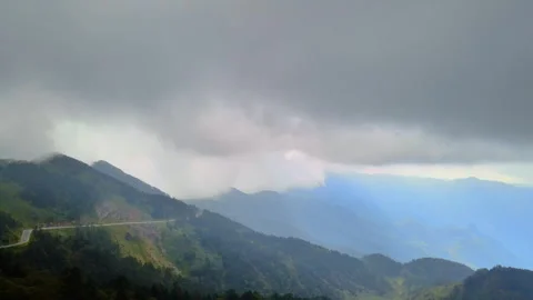 Rain Mist Mountain Winding Road Aerial Driving Perspective Stock Footage 319993576