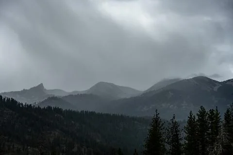 Rain Moves Through Cloud and Fog Over Foothills of Kings Canyon 库存照片